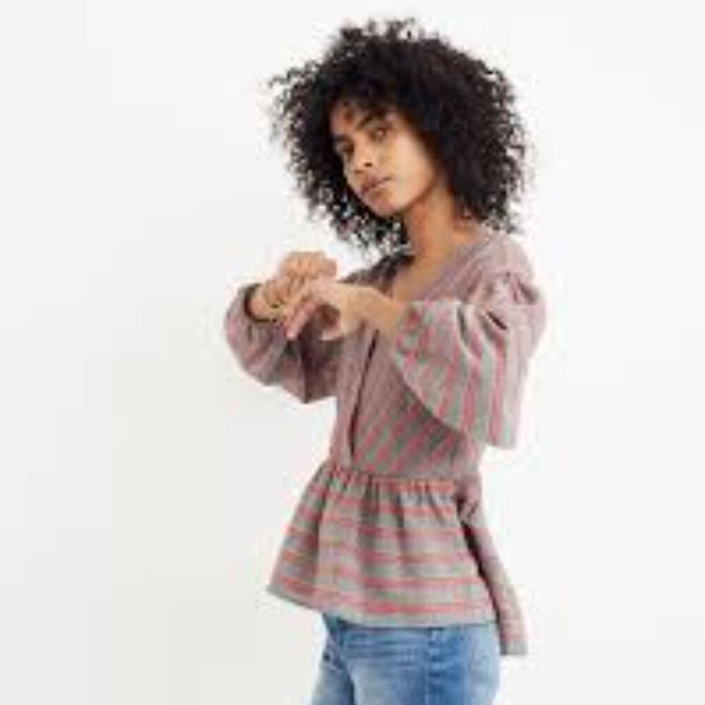 ✅ MADEWELL Striped Bubble-Sleeve Peplum Top GREY/RED LONG SLEEVE SIZE‎ MEDIUM